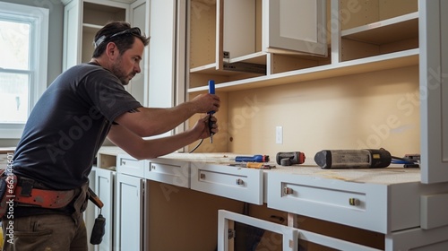 Close-up of a construction worker installing kitchen cabinets in a newly built home