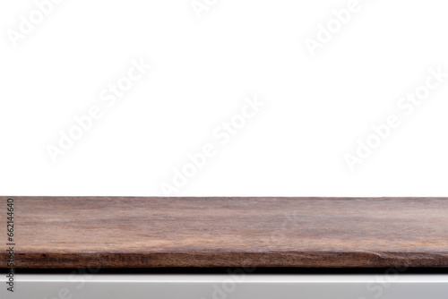 Perspective empty wooden table on top white background, can be used mock up for montage products display or design layout.