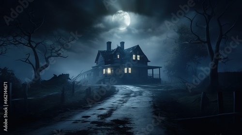 Halloween concept background of realistic horror house and creepy street with moonlight