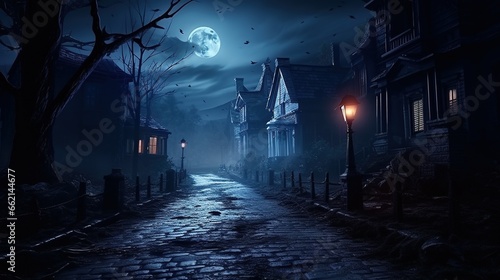 Halloween concept background of realistic horror house and creepy street with moonlight