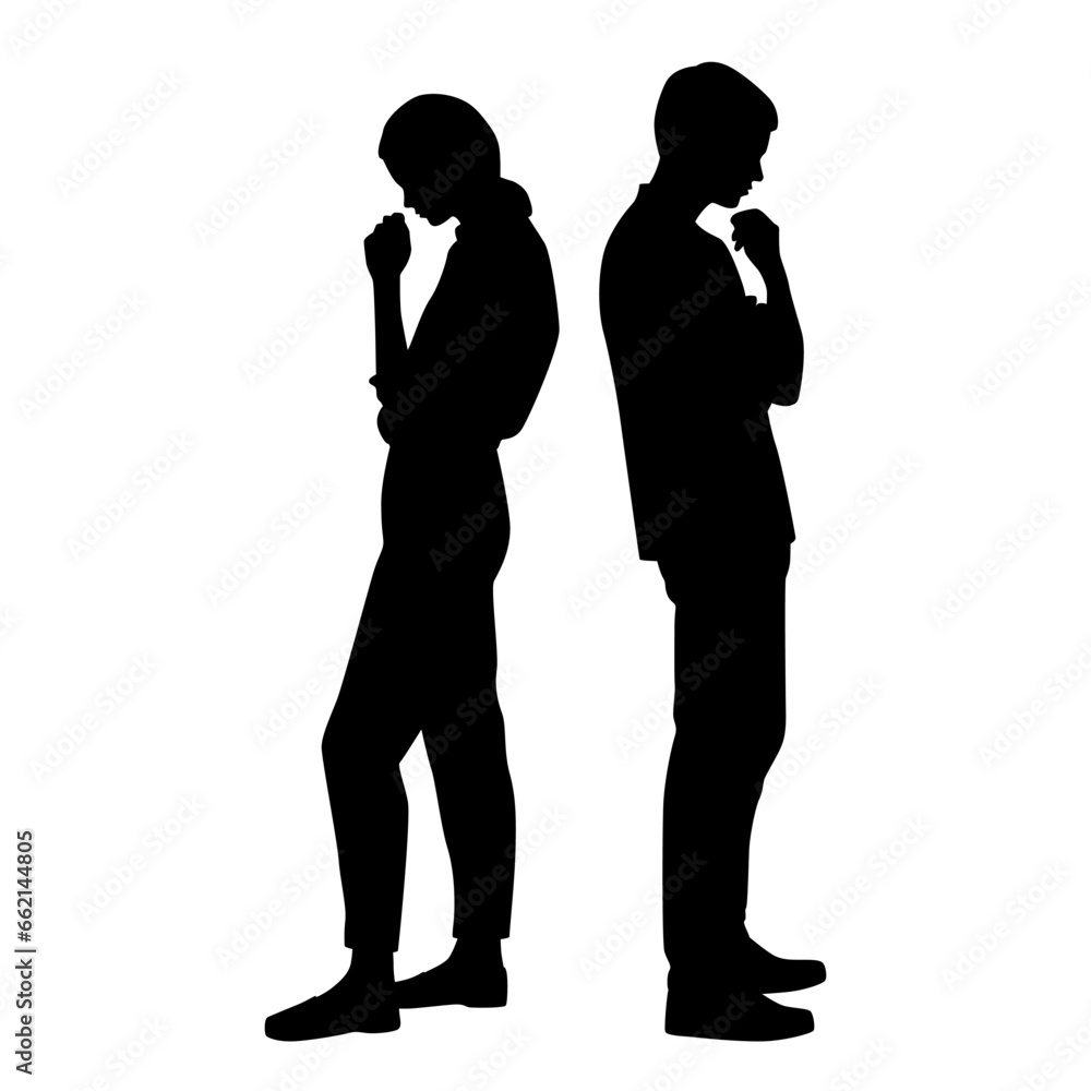 Vector silhouettes of  man and a woman, a couple standing   business people, profile, black  color isolated on white background