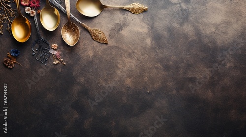 space for text on textured background surrounded by decorative spoons, background image, AI generated