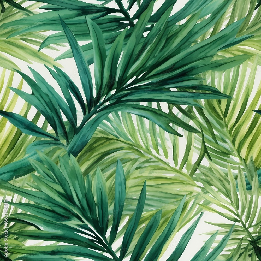Fototapeta premium Watercolor tropical palm leaves seamless pattern. Vector illustration.generative ai.
