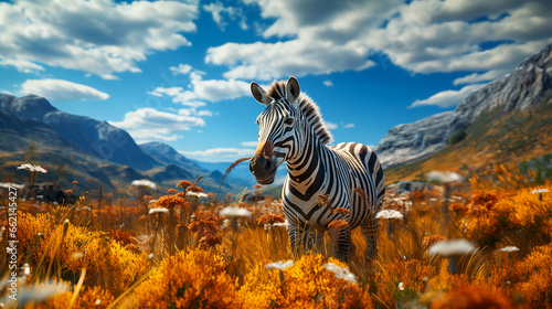 Zebra walking on grass field with mountain background , photo realistic