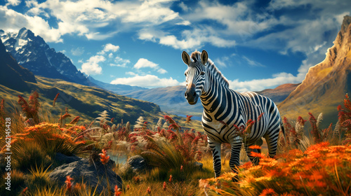 Zebra walking on grass field with mountain background   photo realistic