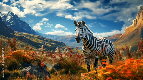 Zebra walking on grass field with mountain background , photo realistic