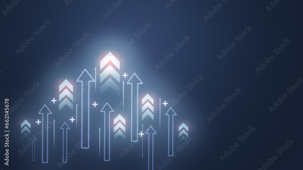 Direction to success concept with white growing arrows, plus signs and lines on blue background. business growth currency stock and investment economy. Up arrows on dark blue abstract background - obrazy, fototapety, plakaty 
