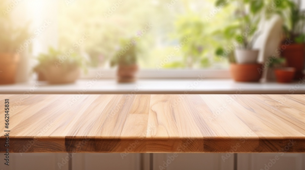 Versatile Kitchen Settings: Empty Tabletop in Defocused Kitchen with Ample Copy Space