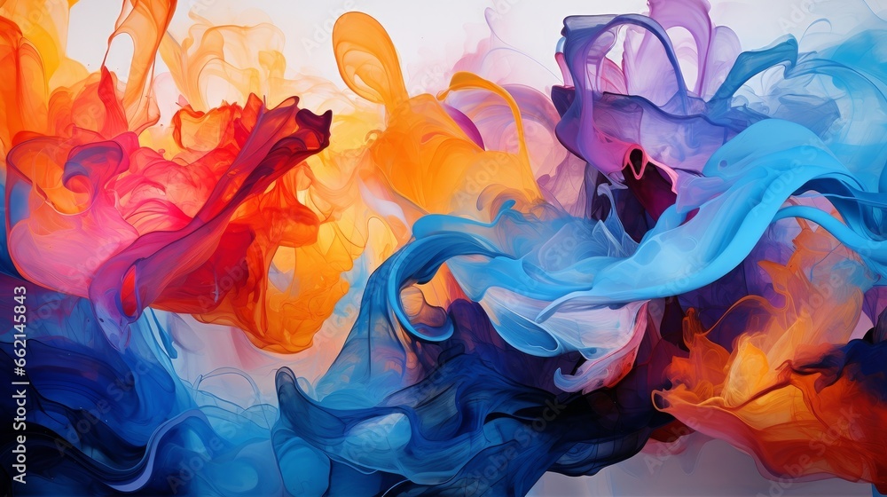 A stunning artistic representation of liquid paints gracefully merging in a slow and gentle blending flow, creating a mesmerizing abstract composition