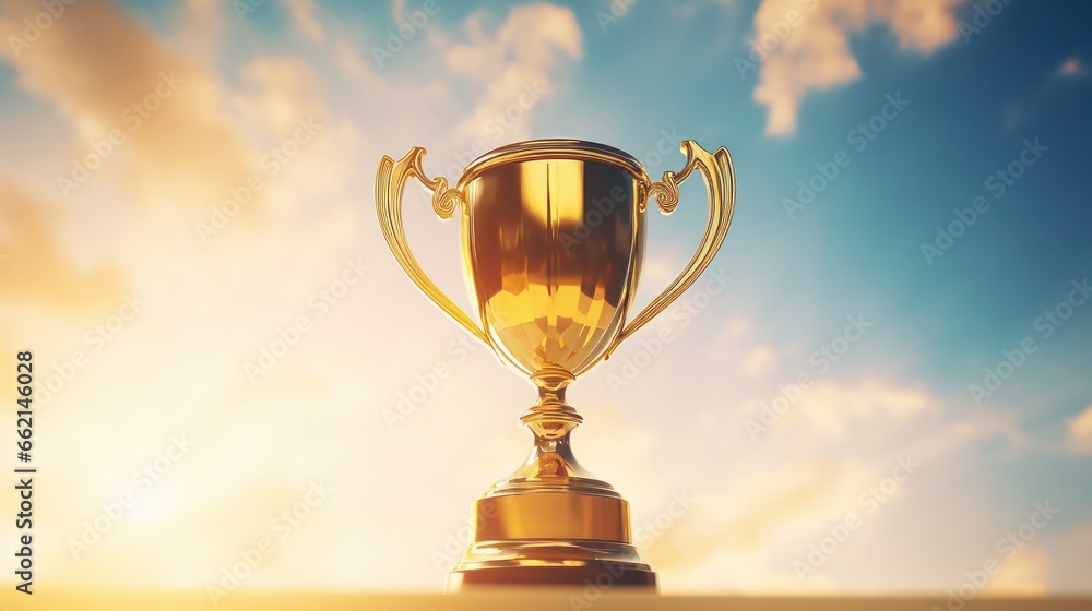 A golden winner's trophy cup set against a sky background, symbolizing an award for champions in a competition and excellence in business. This image encapsulates the concepts of victory, success A golden winner's trophy cup set against a sky background, symbolizing an award for champions in a competition and excellence in business. This image encapsulates the concepts of victory, success