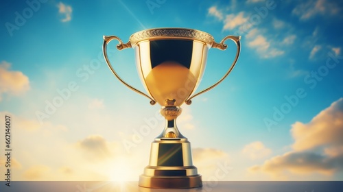 A golden winner's trophy cup set against a sky background, symbolizing an award for champions in a competition and excellence in business. This image encapsulates the concepts of victory, success