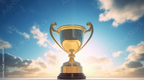 A golden winner's trophy cup set against a sky background, symbolizing an award for champions in a competition and excellence in business. This image encapsulates the concepts of victory, success