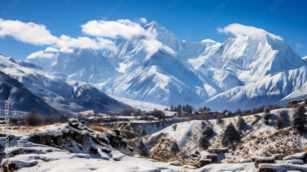 A sweeping vista capturing the snow-covered peaks of Upper Mustang within the breathtaking Annapurna Nature Reserve, highlighting a trekking path in the rugged terrain of Nepal