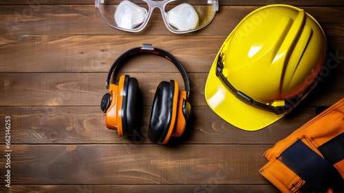 Common construction safety gear placed on an aged wooden backdrop. This top-down view exemplifies the importance of prioritizing safety on construction sites