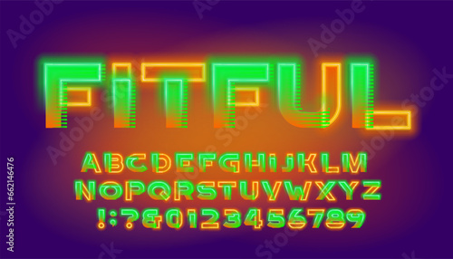 Fitful alphabet font. Futuristic neon letters and numbers. Stock vector typeface for your design.