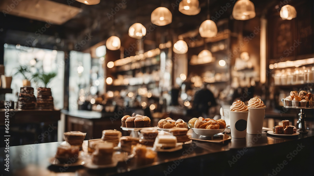 Cafe with coffee and cakes and lamps - obrazy, fototapety, plakaty 
