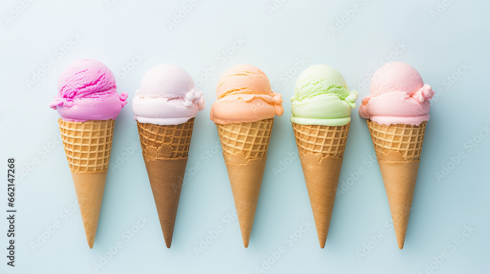 ice cream cones with different flavors on a pastel background ice cream cones with different flavors on a pastel background