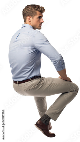 Back view of an Isolated sitting handsome young man wearing a blue shirt and eige chino trousers, cutout on transparent background, ready for architectural visualisation.