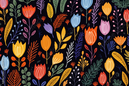 Jungle flower quirky doodle pattern, wallpaper, background, cartoon, vector, whimsical Illustration
