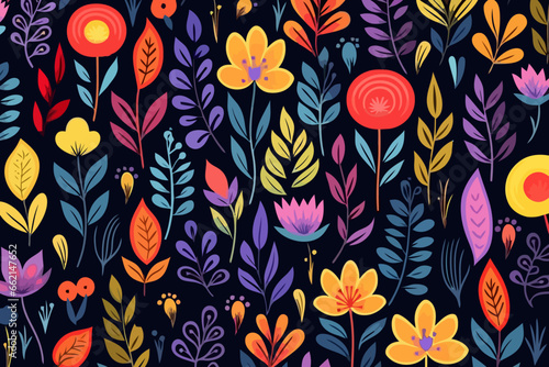 Jungle flower quirky doodle pattern, wallpaper, background, cartoon, vector, whimsical Illustration