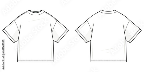 Basic T-shirt flat technical fashion illustration. Tee shirt vector template illustration. front and back view. regular fit. drop shoulder. unisex. white color. CAD mockup.