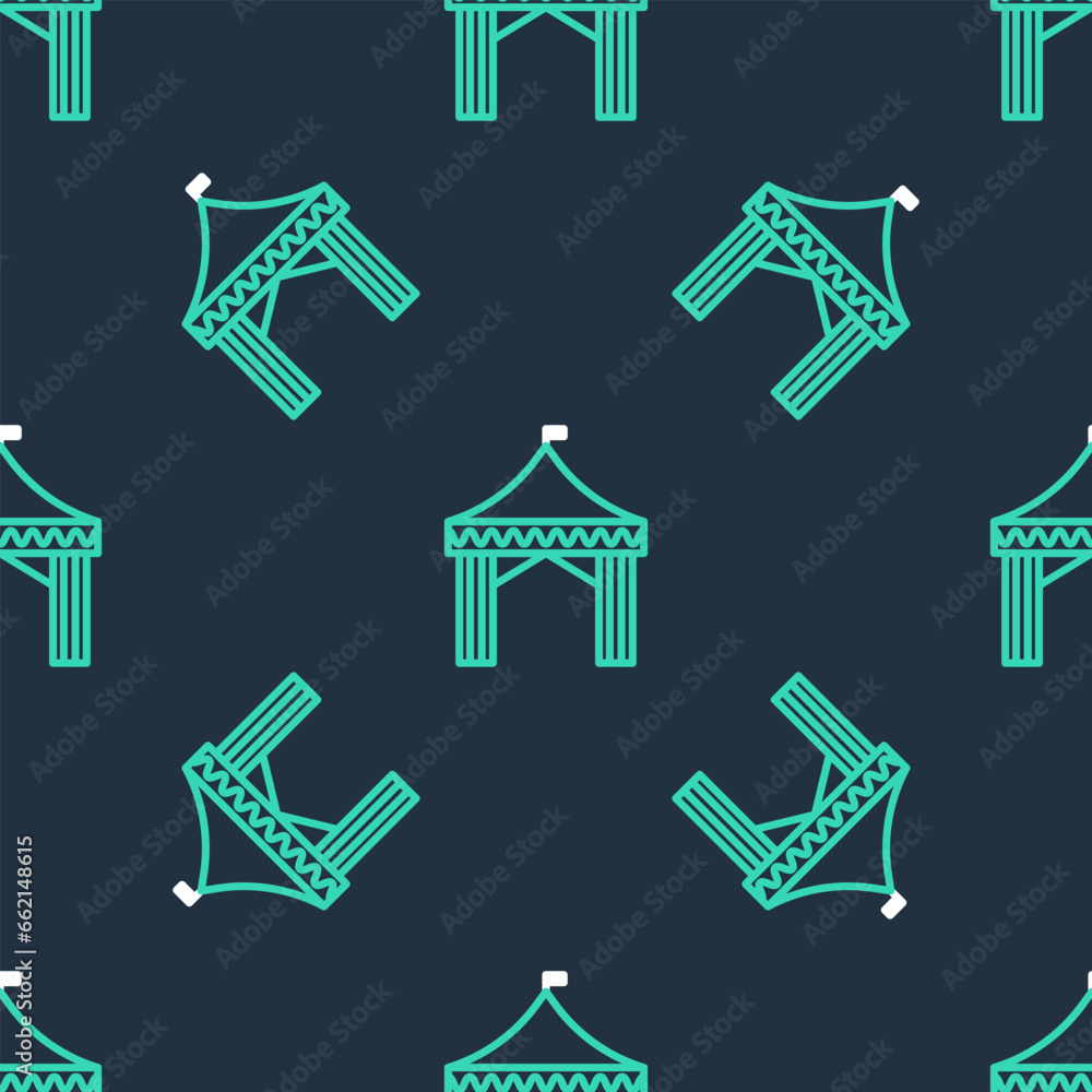 Line Camping tent icon isolated seamless pattern on black background. Carnival camping tent. Amusement park. Vector