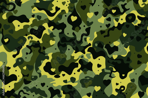 Classic Army green camo quirky doodle pattern, wallpaper, background, cartoon, vector, whimsical Illustration