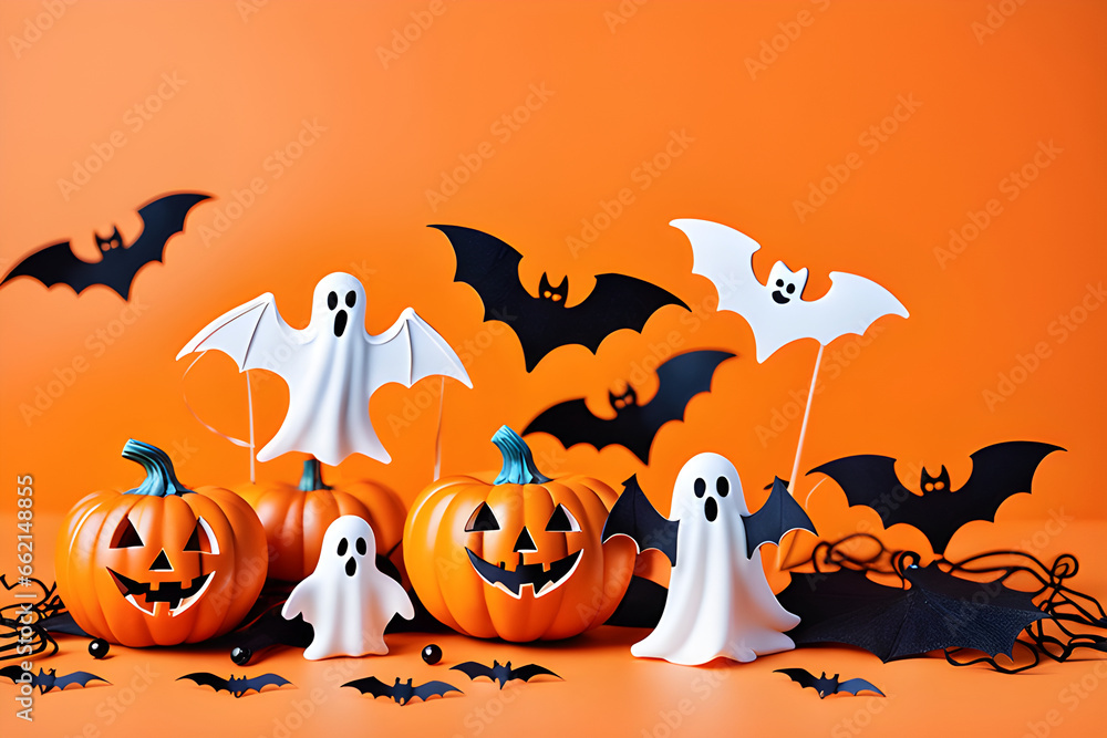 Happy halloween holiday concept. Halloween decorations, bats, ghosts on orange background. Flat lay, top view, overhead. Generative AI