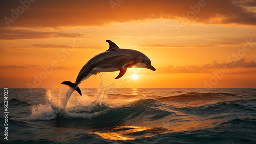 A beautiful dolphin jumped from sea water surface at orange sunset time. 