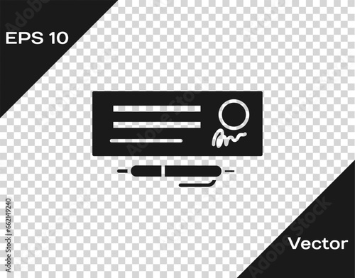 Black Blank template of the bank check and pen icon isolated on transparent background. Checkbook cheque page with empty fields to fill. Vector Illustration