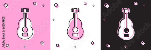 Set Spanish guitar icon isolated on pink and white, black background. Acoustic guitar. String musical instrument. Vector