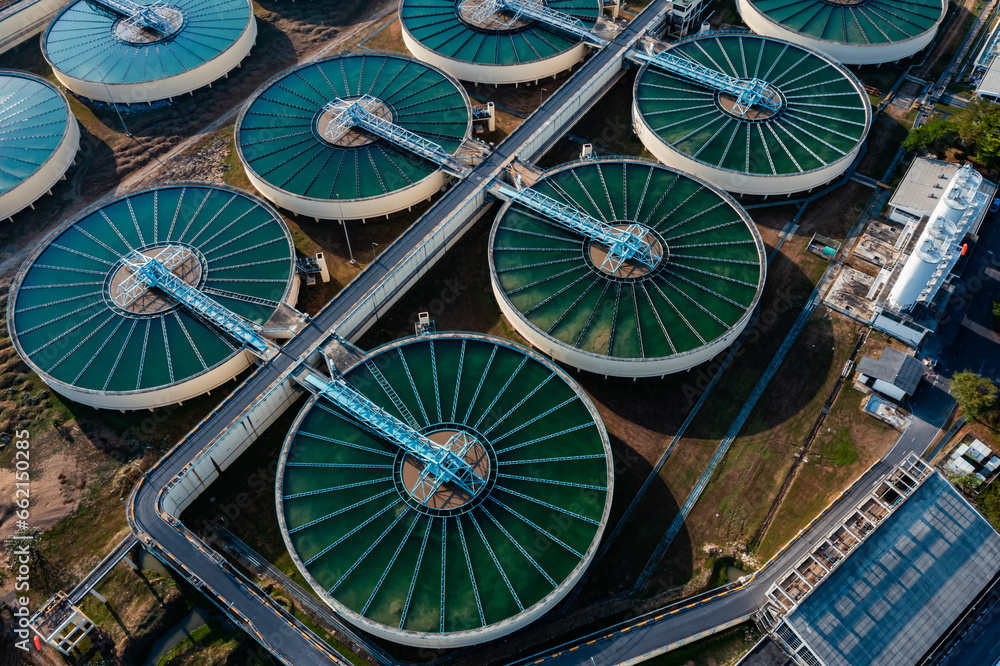 Obraz premium Aerial view of Drinking Water Treatment plants. Microbiology of drinking water production and distribution for big city from water management, water recycling.