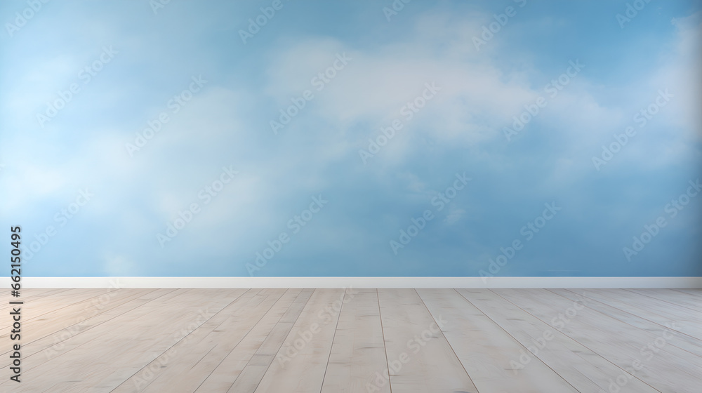 Room with sky wallpaper and wooden floor, Generative AI