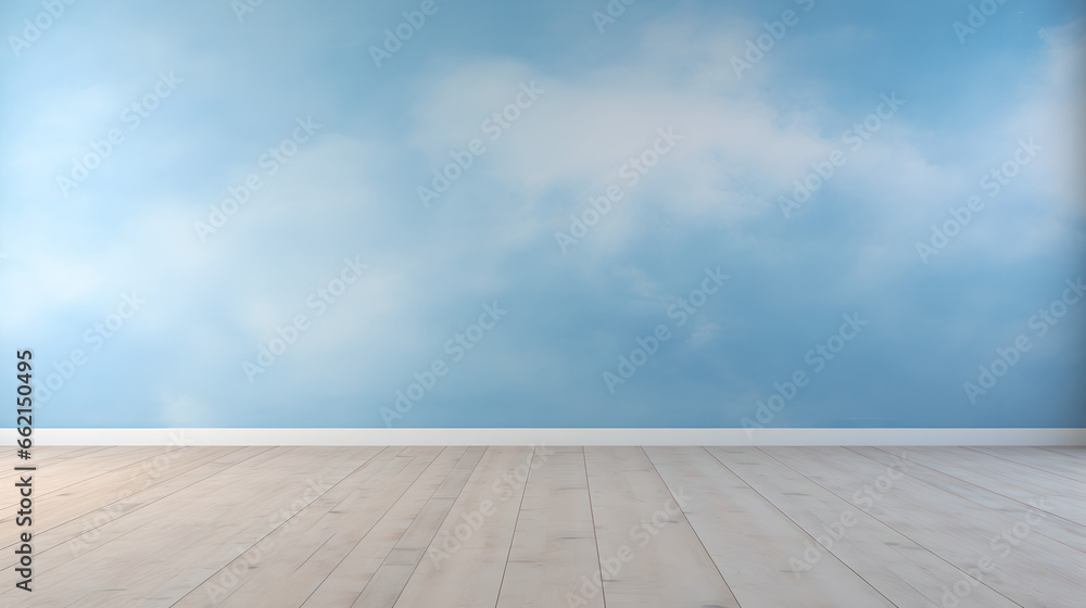 Fototapeta premium Room with sky wallpaper and wooden floor, Generative AI