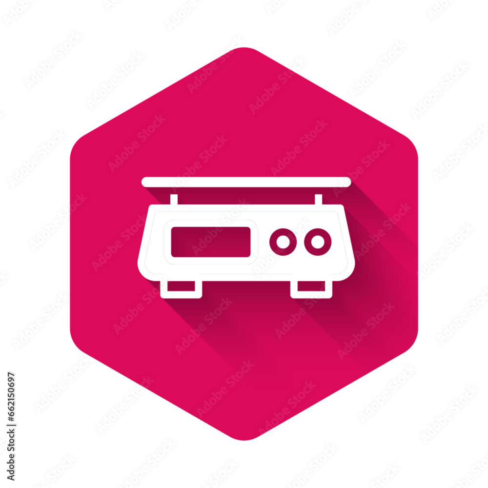 Obraz premium White Electronic scales icon isolated with long shadow background. Weight measure equipment. Pink hexagon button. Vector