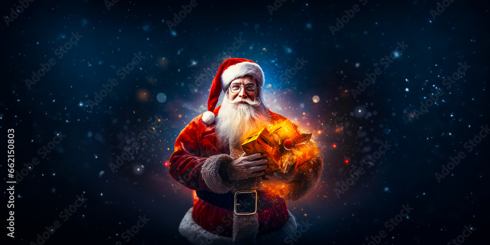 Santa Claus or Saint Nicholas holding magic gift box. Christmas time. Fairytale - obrazy, fototapety, plakaty 