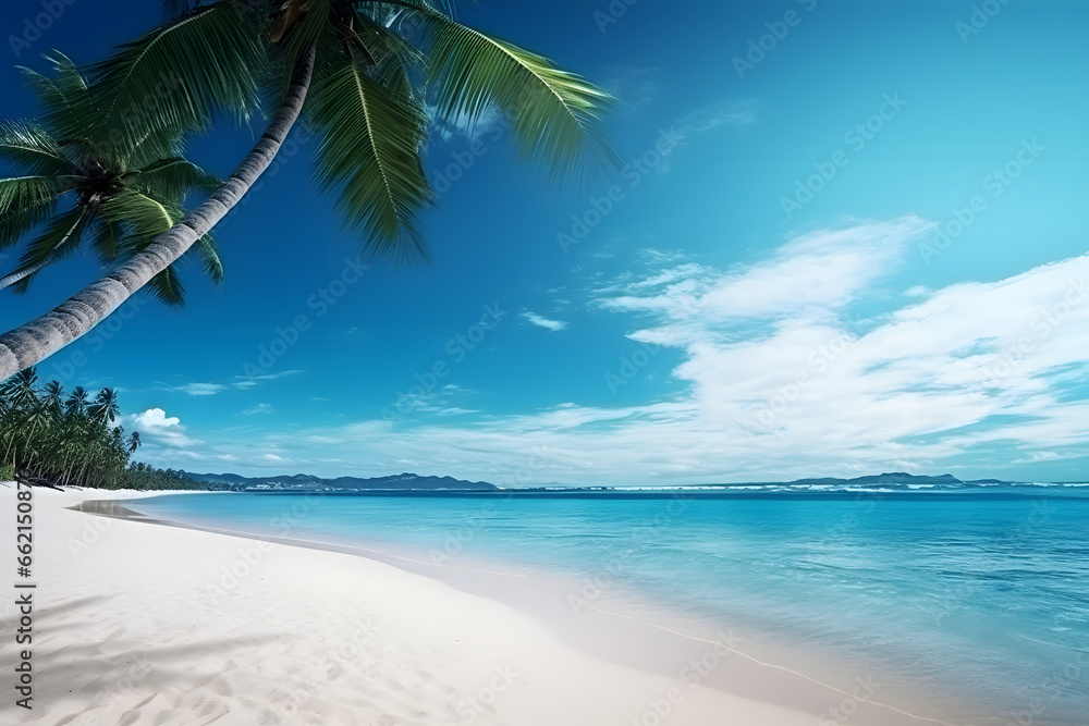 tropical beach view at sunny day with white sand, turquoise water and palm tree. Neural network generated image. Not based on any actual scene or pattern.