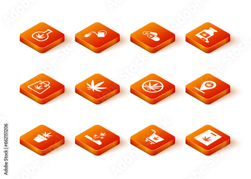 Set Marijuana plant in pot, Planting marijuana, Shopping bag of, or cannabis leaf, cart with, Stop, and Location and icon. Vector