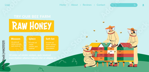 Bee farm natural raw honey, website page vector