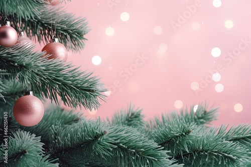 Christmas tree branches with ornaments on a pink  background