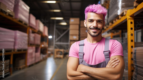 Portrait of a gay warehouse worker with pink hair and shirt, hands crossed looking at the camera. lgbtq community rights.