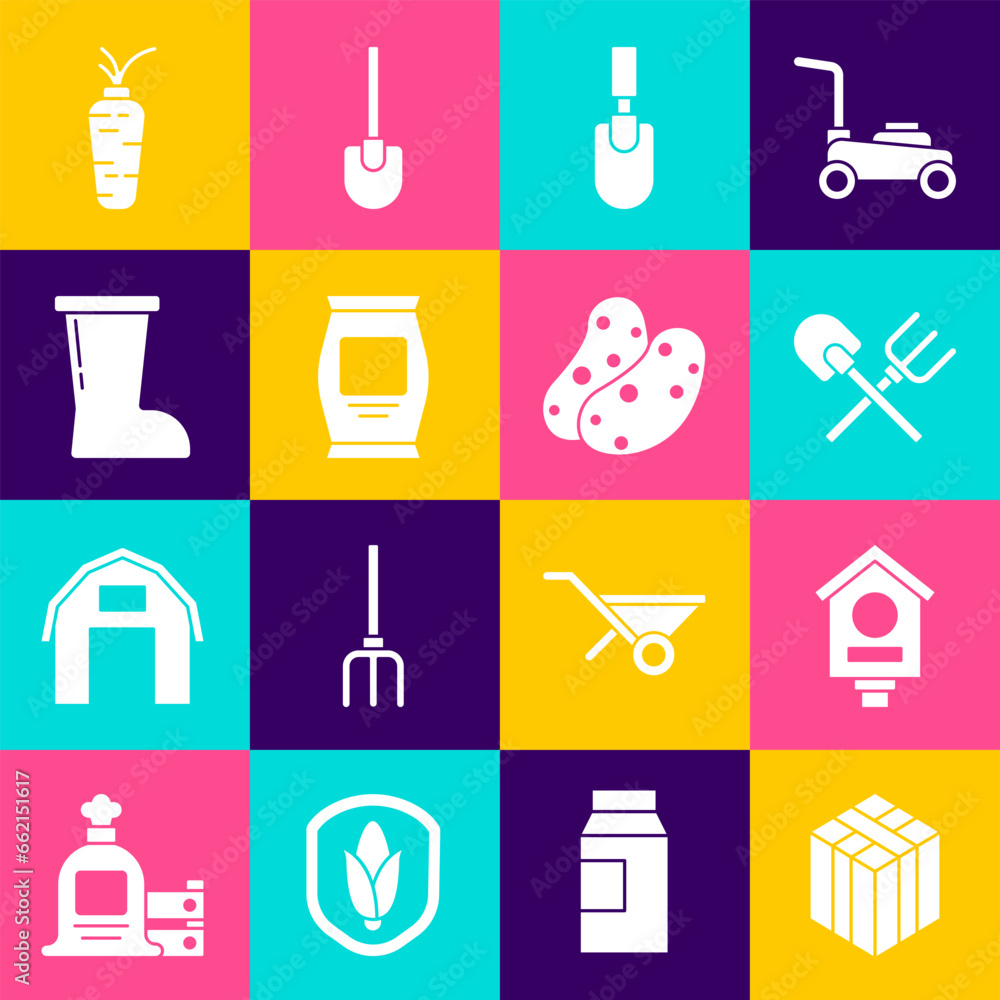 Set Bale of hay, Bird house, Shovel and rake, Garden trowel spade or shovel, Fertilizer bag, Waterproof rubber boot, Carrot and Potato icon. Vector Set Bale of hay, Bird house, Shovel and rake, Garden trowel spade or shovel, Fertilizer bag, Waterproof rubber boot, Carrot and Potato icon. Vector