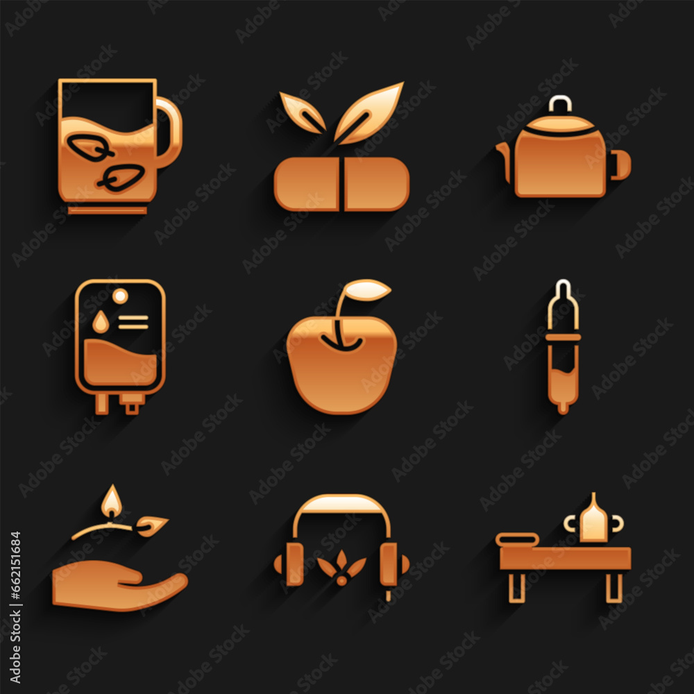 Set Apple, Headphones for meditation, Massage table with oil, Pipette, Leaf in hand, IV bag, Kettle handle and Cup of tea leaf icon. Vector Set Apple, Headphones for meditation, Massage table with oil, Pipette, Leaf in hand, IV bag, Kettle handle and Cup of tea leaf icon. Vector