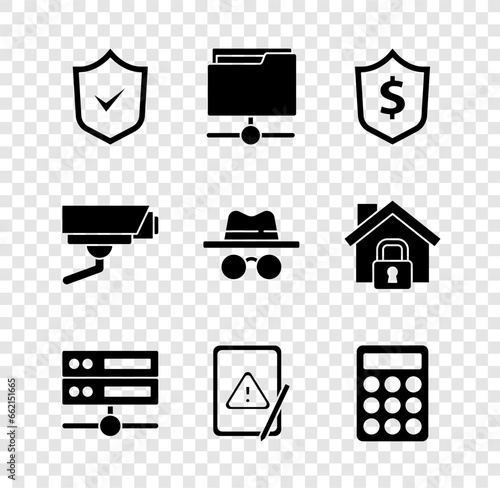 Set Shield with check mark, FTP folder, dollar, Server, Data, Web Hosting, Tablet exclamation, Password protection, Security camera and Incognito mode icon. Vector
