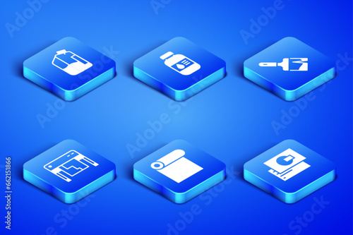 Set Business card, Printer ink bottle, Roll of paper, Plotter, and Paint brush icon. Vector