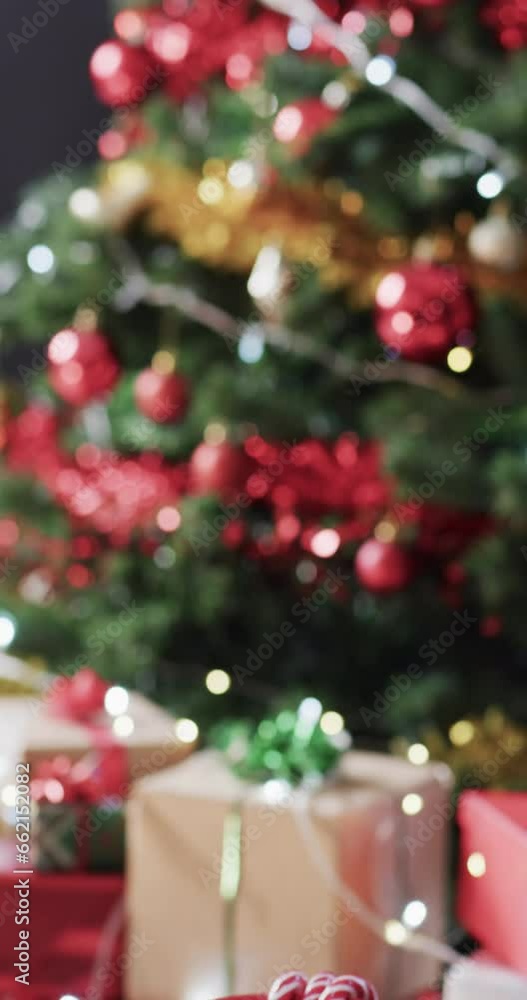 Vertical video of christmas candy canes in mug, christmas tree and copy space Vertical video of christmas candy canes in mug, christmas tree and copy space