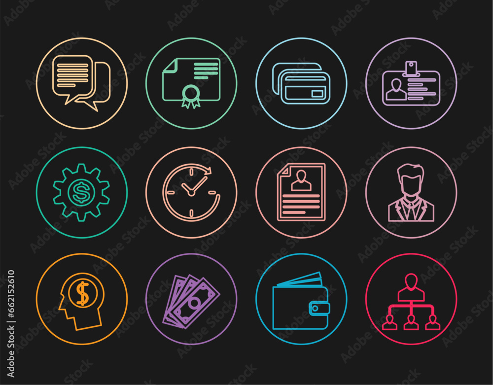 Set line Referral marketing, User of man business suit, Credit card, Clock with arrow, Gear dollar symbol, Chat, Resume and Certificate template icon. Vector Set line Referral marketing, User of man business suit, Credit card, Clock with arrow, Gear dollar symbol, Chat, Resume and Certificate template icon. Vector