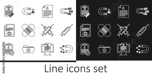Set line Magnet with money, Syringe, Clipboard blood test, Crossed bandage plaster, Paper page eye, DNA analysis, syringe and Customer attracting icon. Vector