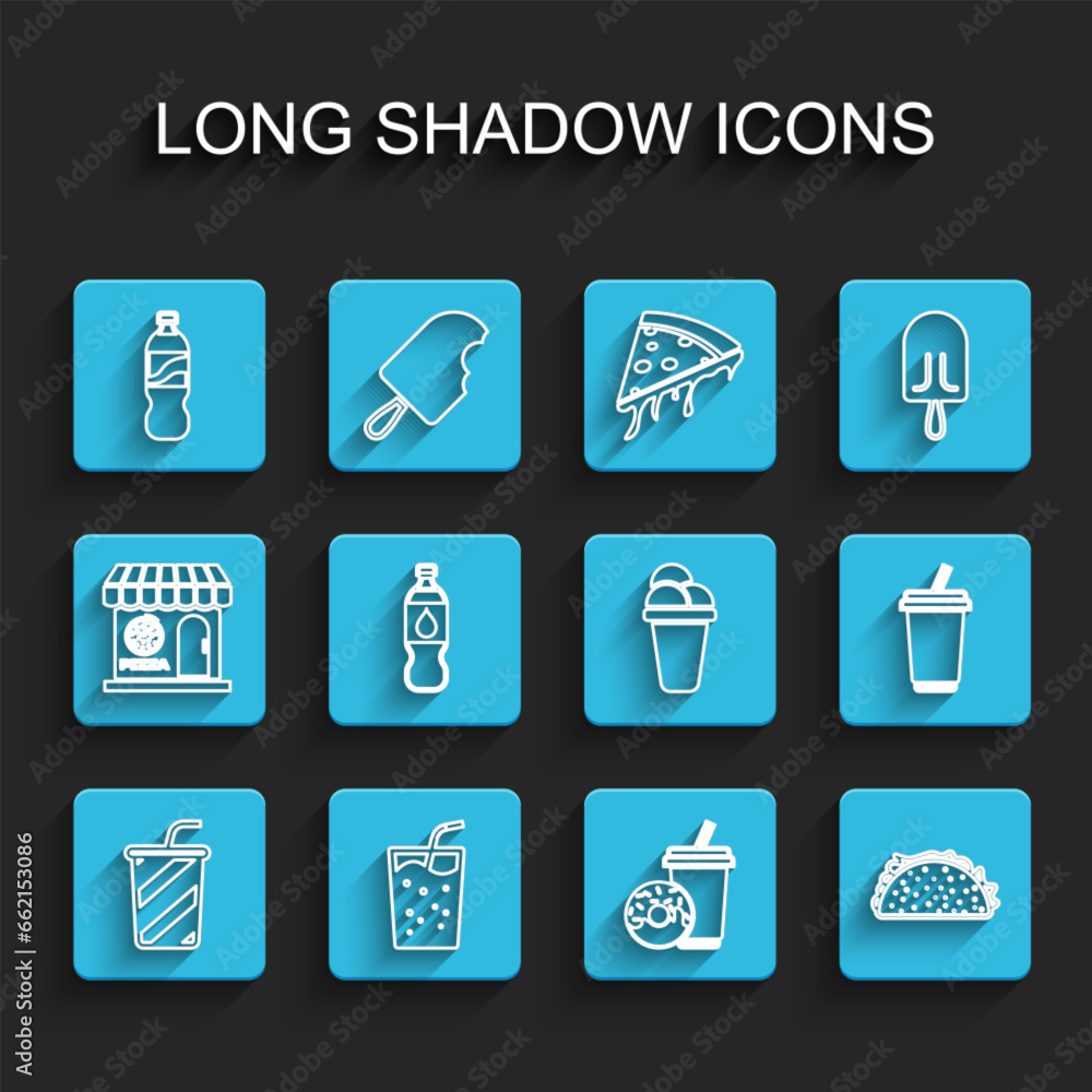 Set line Glass with water, Bottle of, Soda drink donut, Taco tortilla, and Ice cream icon. Vector Set line Glass with water, Bottle of, Soda drink donut, Taco tortilla, and Ice cream icon. Vector