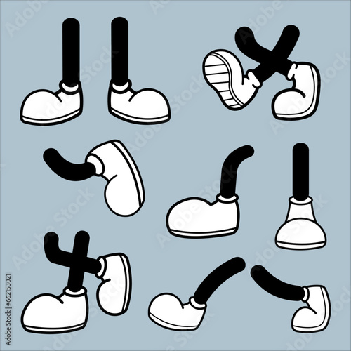 Set of different types of legs in shoes. Vector illustration in retro cartoon style